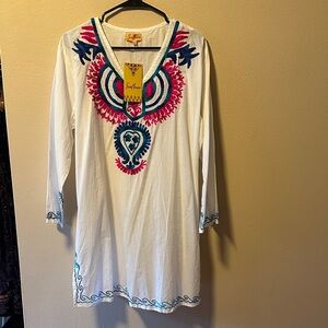 White Tunic with Colorful Embroidery swim cover up 2x